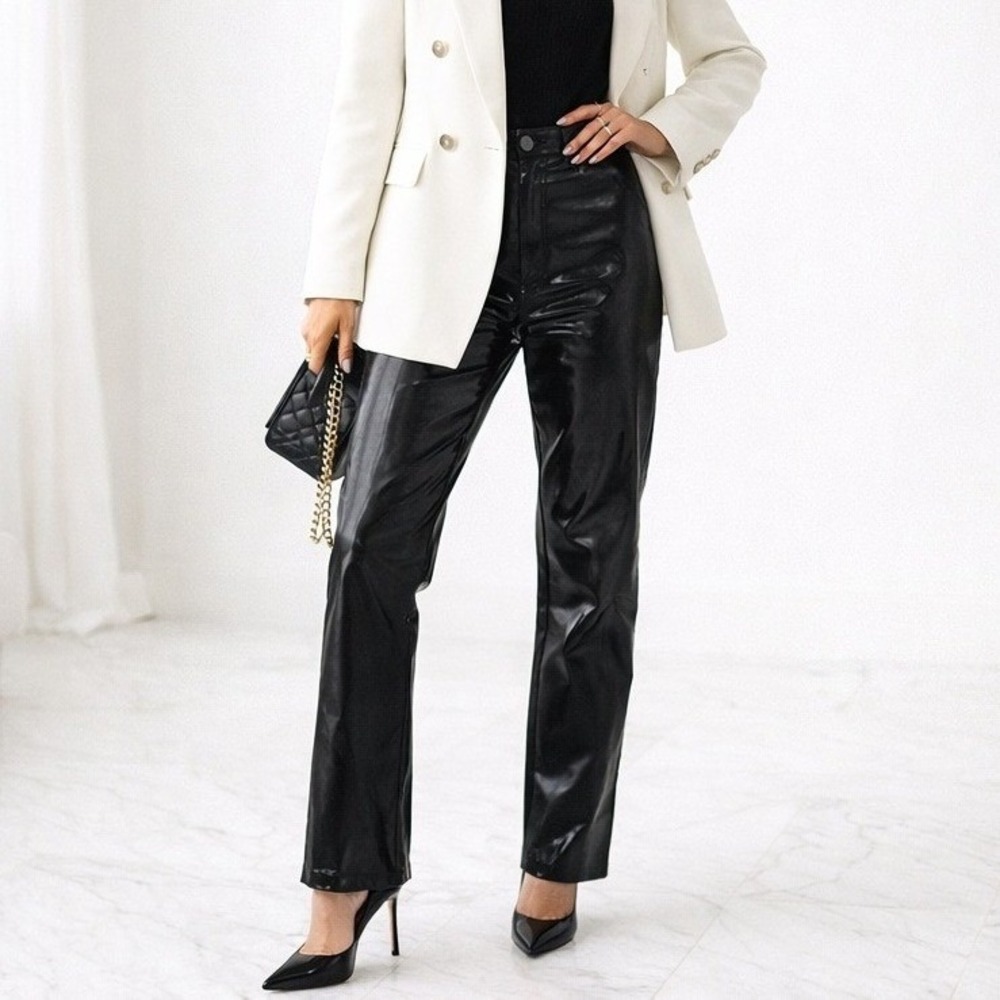 Good American Faux Patent Leather Black Straight Leg Pants Size 10 New